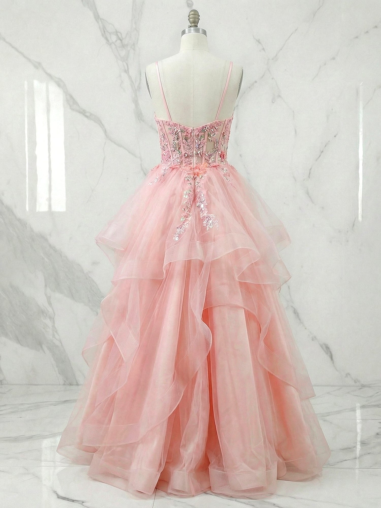 Pink Floral Embroidered Sheer Corset Tiered Tulle Prom Dress