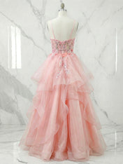 Pink Floral Embroidered Sheer Corset Tiered Tulle Prom Dress