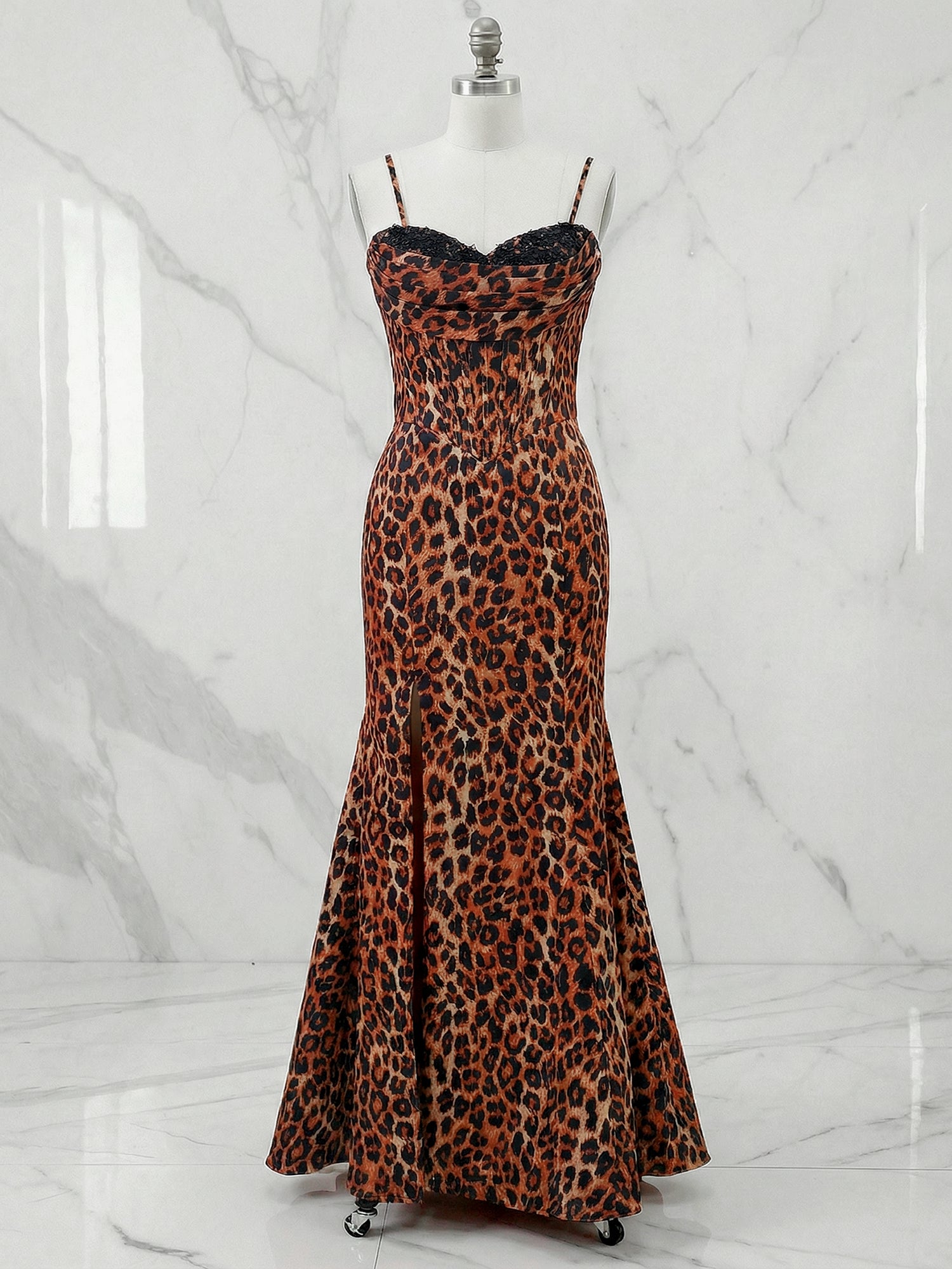 Leopard Print Beaded Sweetheart Mermaid Corset Bodice Prom Dress