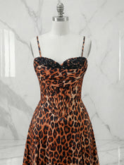 Leopard Print Beaded Sweetheart Mermaid Corset Bodice Prom Dress