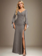 Sheath/Column V-Neck Floor-Length Chiffon Dress With Pleated