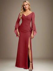 Sheath/Column V-Neck Floor-Length Chiffon Dress With Pleated