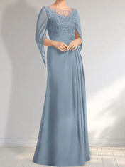 A-line Scoop Illusion Floor-Length Lace Chiffon Mother of the Bride Dress With Pleated Sequins