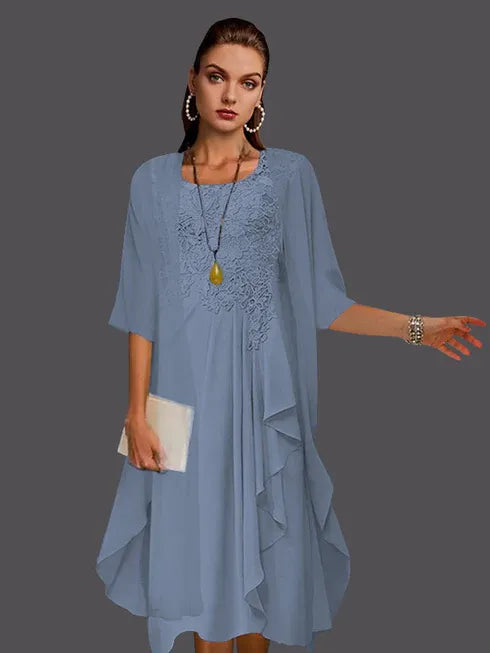 Two Piece A-Line Chiffon Lace Sleeveless Jacket Dresses with Pleats Appliques