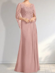 A-line Scoop Illusion Floor-Length Lace Chiffon Mother of the Bride Dress With Pleated Sequins