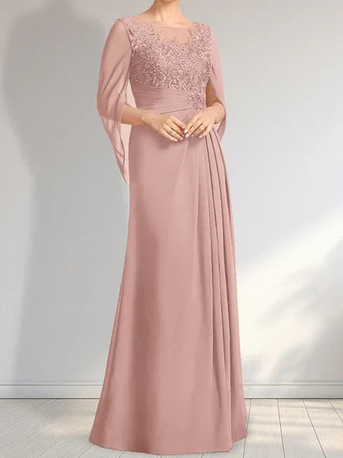 A-line Scoop Illusion Floor-Length Lace Chiffon Mother of the Bride Dress With Pleated Sequins