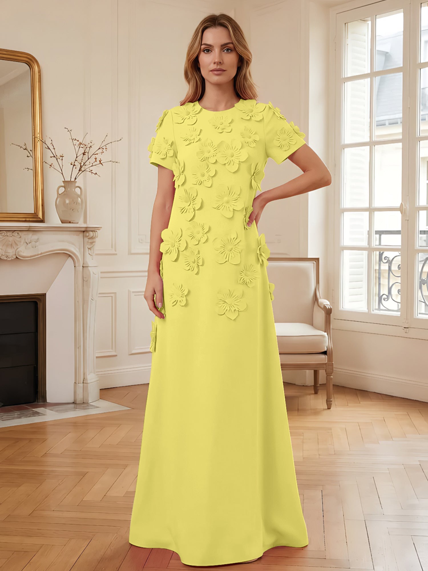 Short Sleeve Crew Neck A-Line Gown with 3D Floral Appliques Evening Dresses