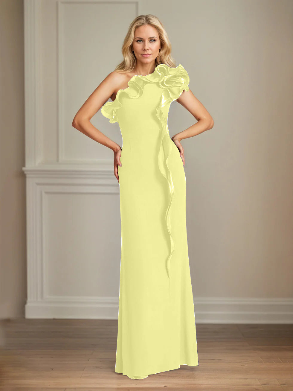 Column One Shoulder Floor Length Mother of the Bride Dresses With Ruffles