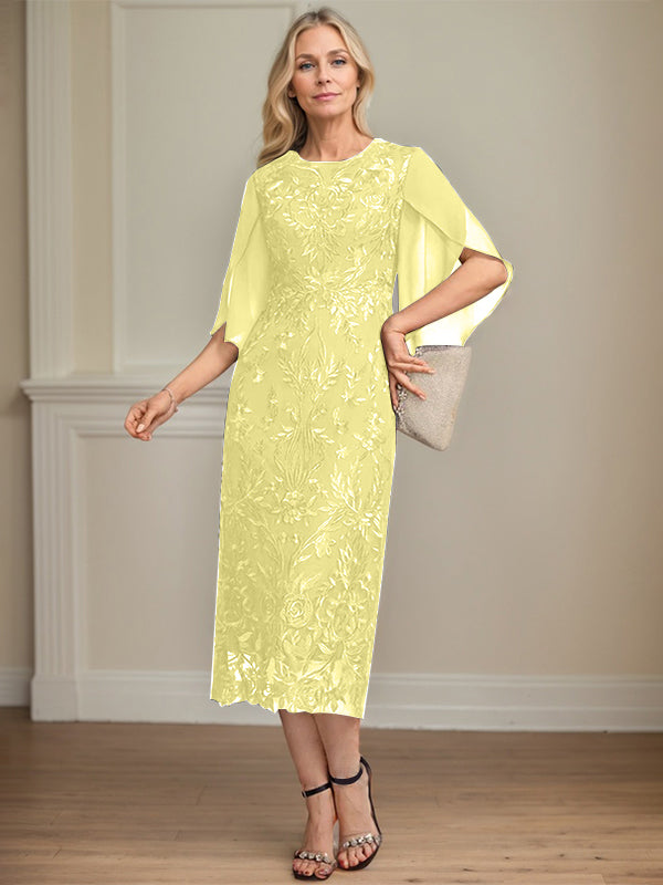 Column Scoop Tea-Length Lace Chiffon Mother of the Bride Dress