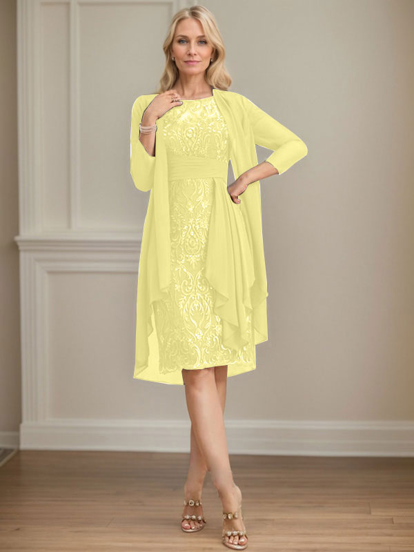 Column Scoop Illusion Knee-Length Lace Chiffon Mother of the Bride Dress With Cascading Ruffles Sequins