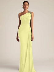 Formal Evening Dress Green One-Shoulder Ruched Floor-Length Dress
