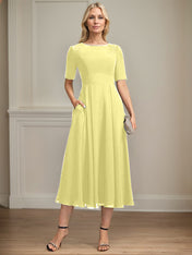 A-line Scoop Tea-Length Chiffon Mother of the Bride Dress With Appliques Lace Sequins