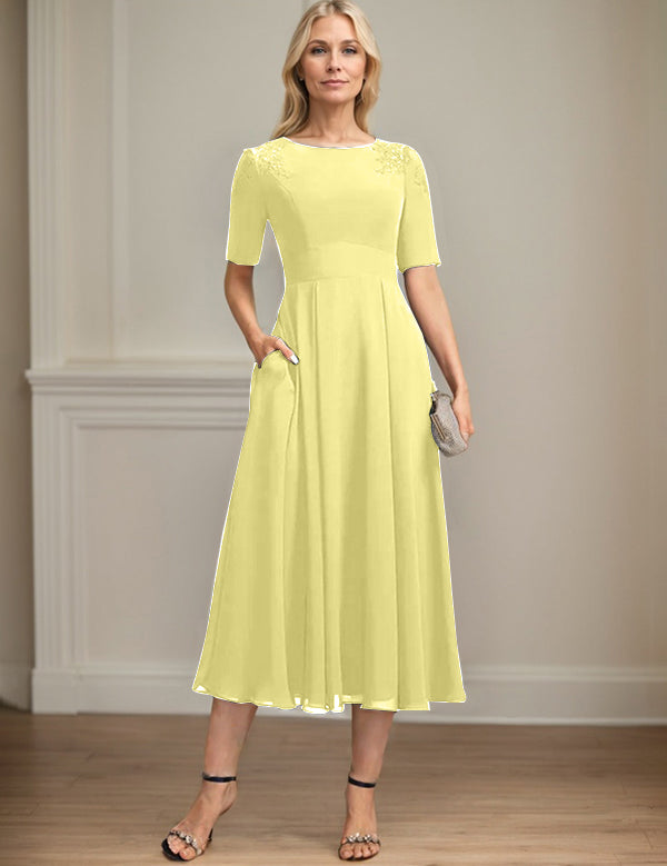 A-line Scoop Tea-Length Chiffon Mother of the Bride Dress With Appliques Lace Sequins