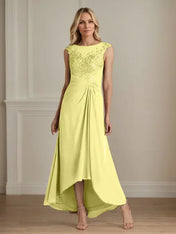 Champagne A-Line Scoop Lace Chiffon Dress