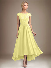 A-line Scoop Illusion Asymmetrical Lace Chiffon Mother of the Bride Dress With Pleated
