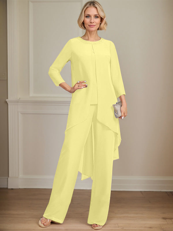 Separates Jumpsuit/Pantsuit Scoop Floor-Length Chiffon Mother of the Bride Dress With Sequins Beading