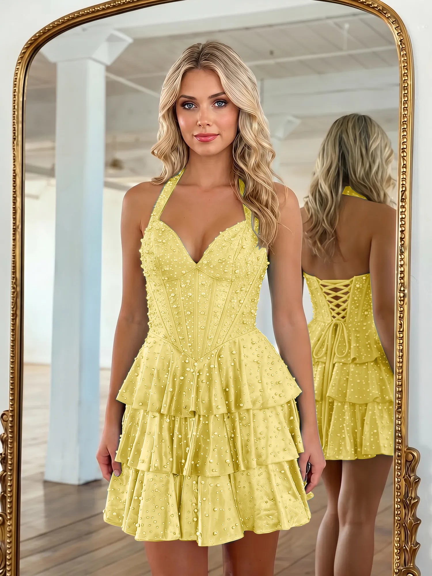 Halter Neck Pearl Beaded Tiered Short Homecoming Dresses
