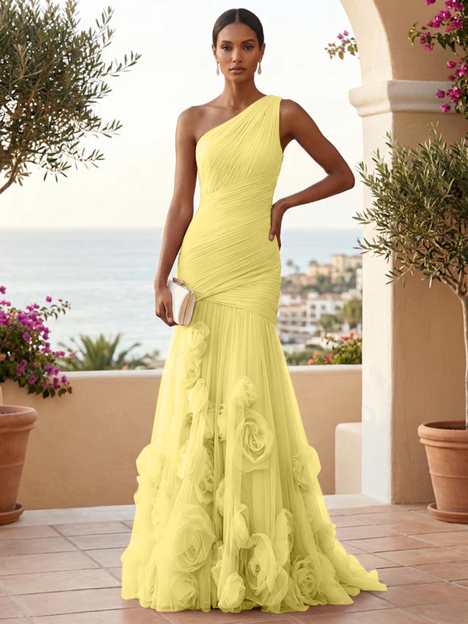 Sweetheart Tulle Pleat One Shoulder Mermaid Evening Dresses Gown with 3D Flower