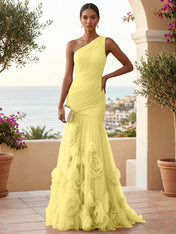 Sweetheart Tulle Pleat One Shoulder Mermaid Evening Dresses Gown with 3D Flower