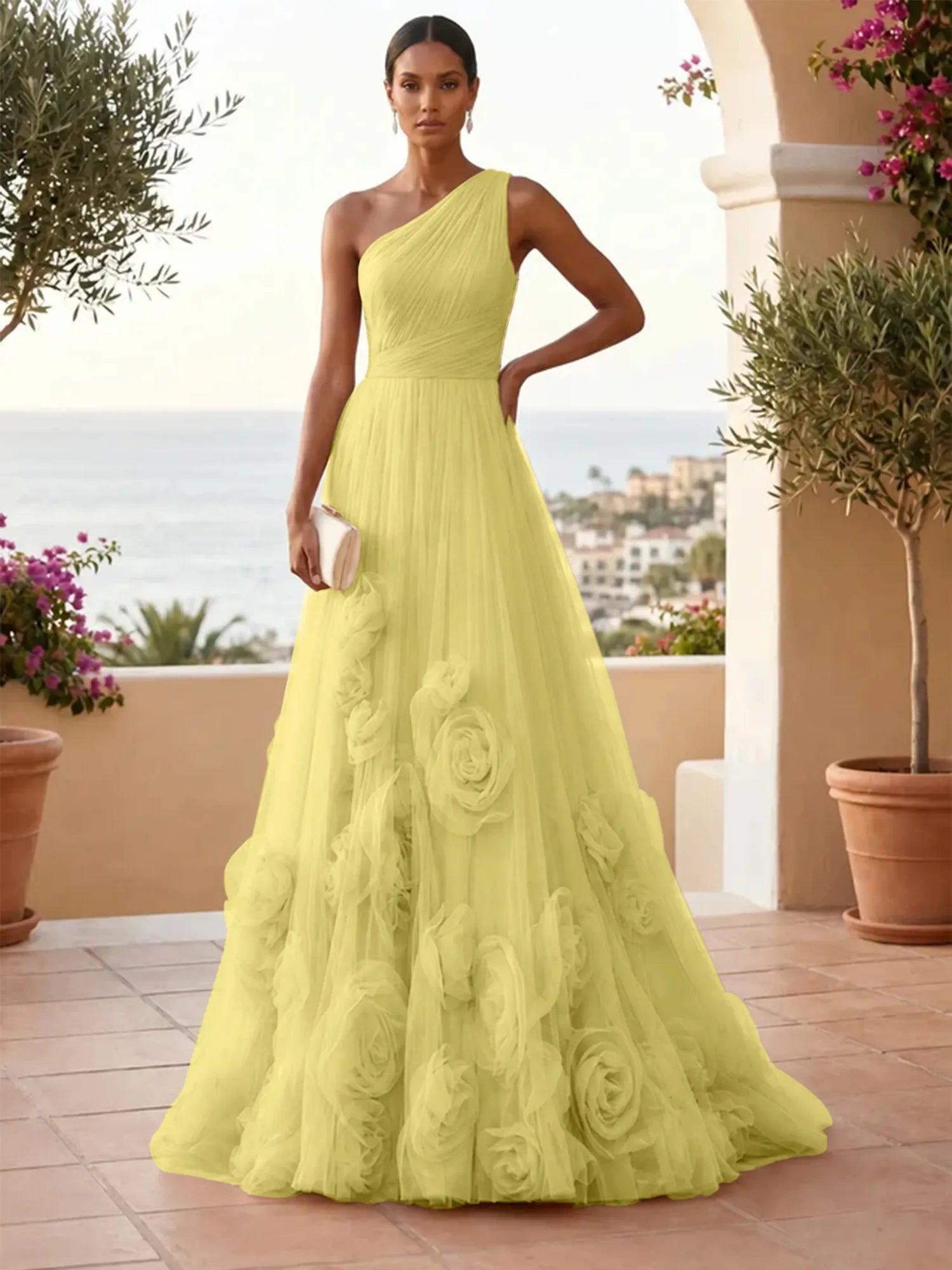 One-Shoulder Sweetheart Tulle Ball Gown with 3D Floral Accents Evening Dresses