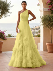 One-Shoulder Sweetheart Tulle Ball Gown with 3D Floral Accents Evening Dresses