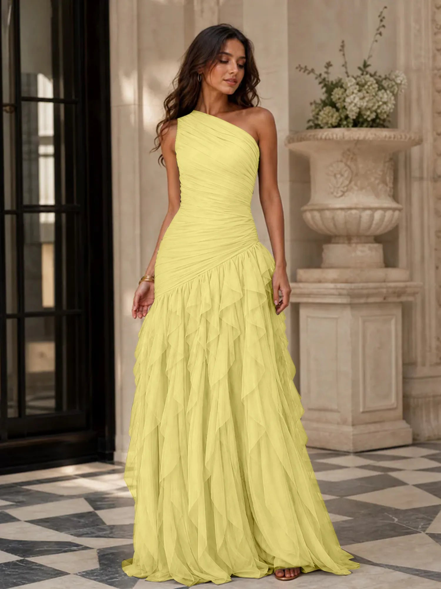 Emerald Green One-Shoulder Ruched Asymmetric Ruffle Chiffon Floor-Length Gown Dress