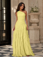 Emerald Green One-Shoulder Ruched Asymmetric Ruffle Chiffon Floor-Length Gown Dress