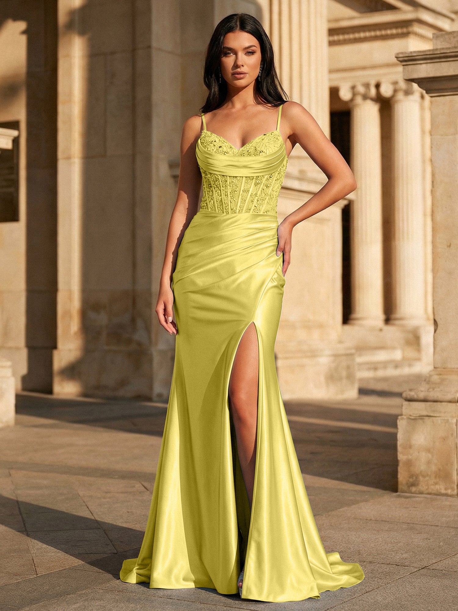 Sky Blue Satin Corset Long Prom Dress with Draped Neckline
