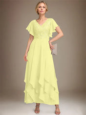 A-line V-Neck Ankle-Length Lace Chiffon Mother of the Bride Dress With Cascading Ruffles