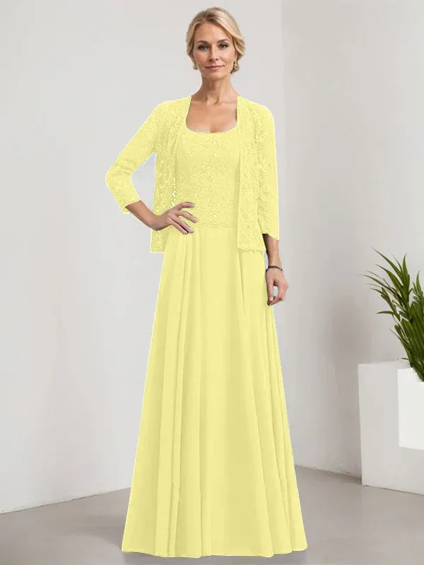 Robe de mère de la mariée trapèze carrée, longueur au sol, en mousseline de soie et dentelle, avec paillettes 