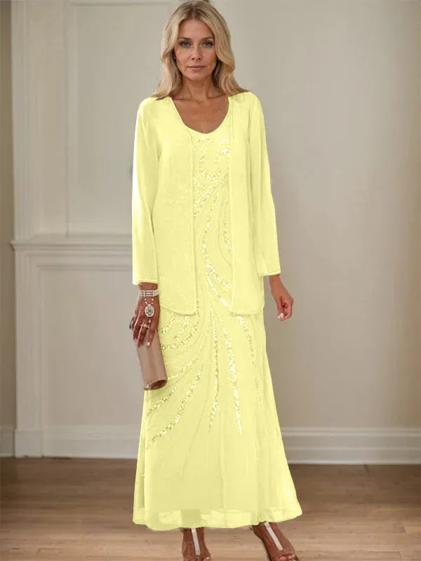 Robe de mère de la mariée fourreau/colonne, col en V, longueur cheville, avec veste et paillettes 