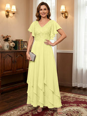 A-line V-Neck Ankle-Length Lace Chiffon Mother of the Bride Dress With Cascading Ruffles