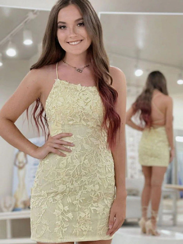Daffodil Spaghetti Straps Lace Short Homecoming Dress
