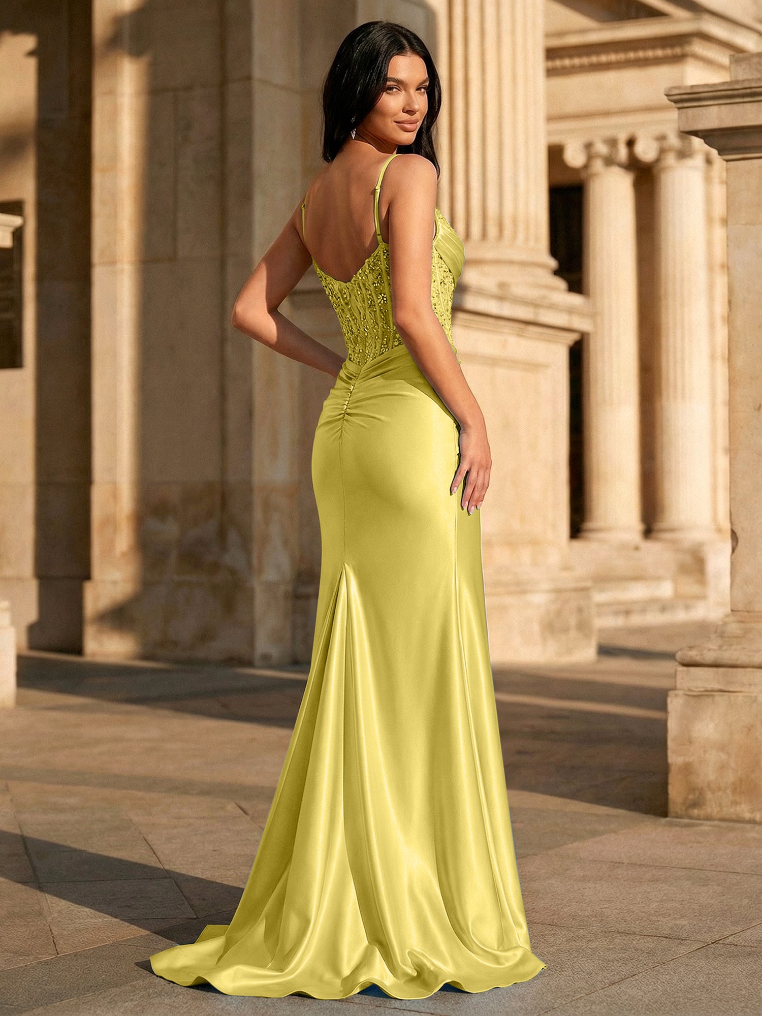 Sky Blue Satin Corset Long Prom Dress with Draped Neckline
