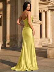 Sky Blue Satin Corset Long Prom Dress with Draped Neckline