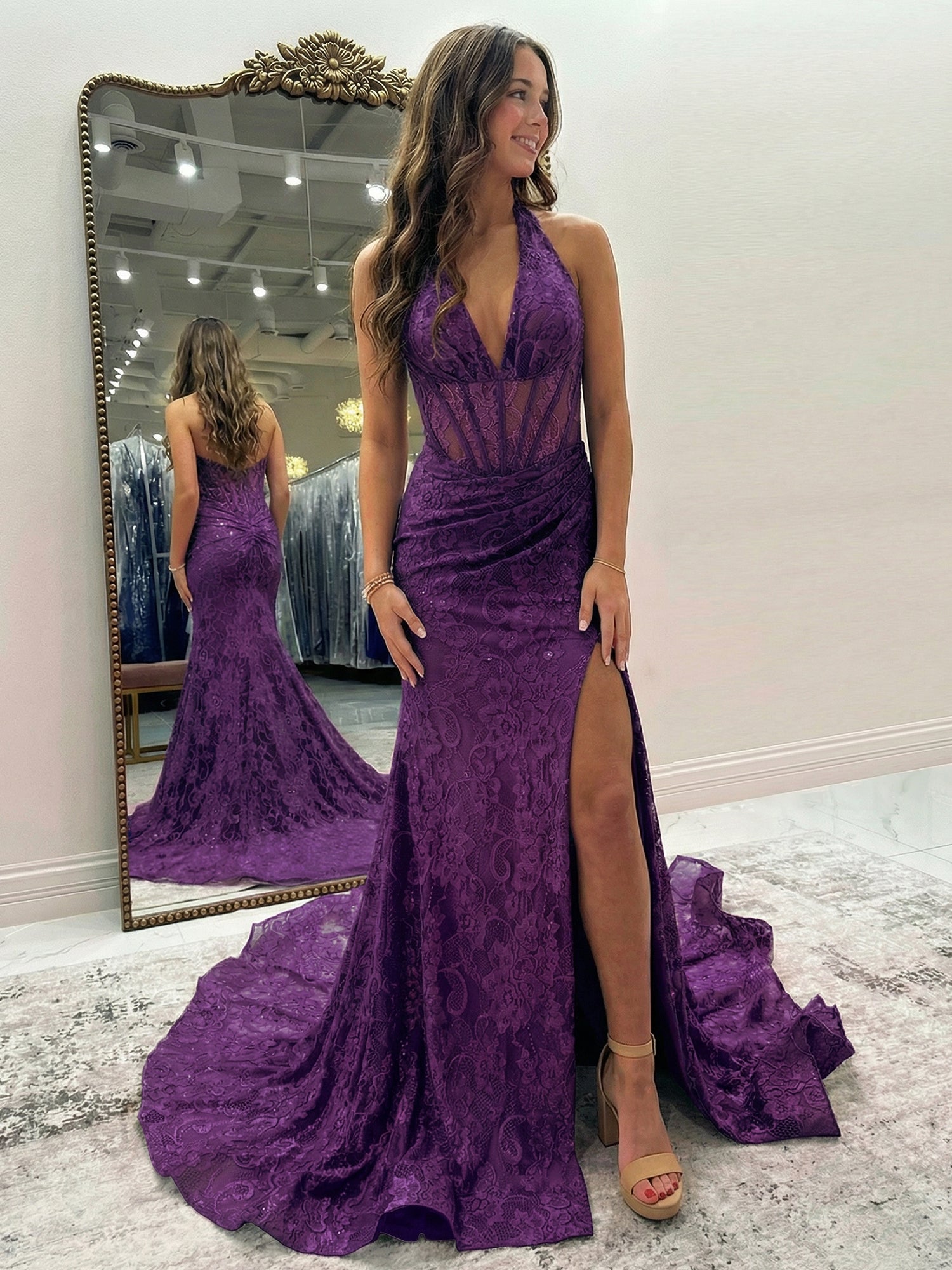 Black Mermaid Lace Halter Long Prom Dress with Slit