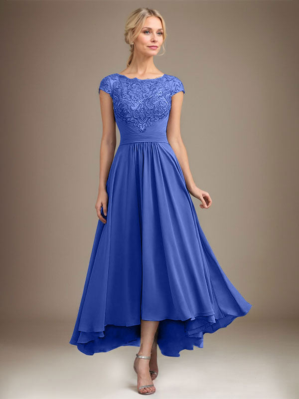 A-line Scoop Illusion Asymmetrical Lace Chiffon Mother of the Bride Dress With Pleated