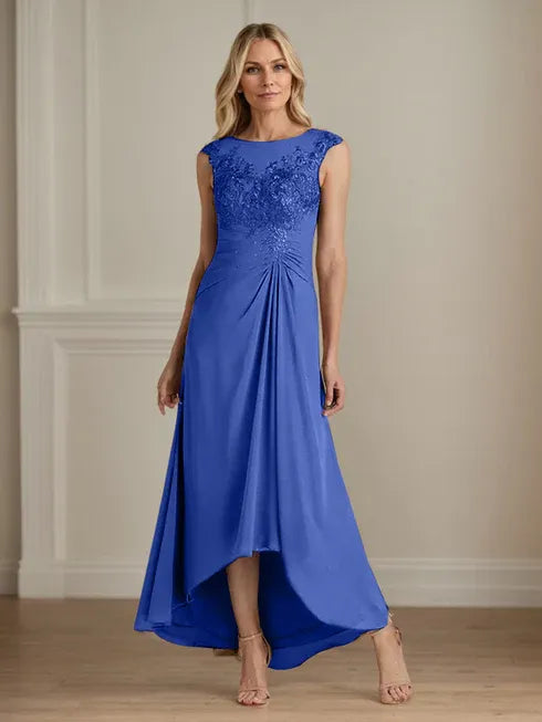 Champagne A-Line Scoop Lace Chiffon Dress