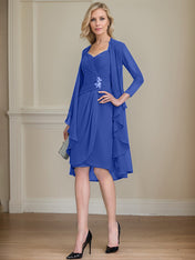 Sheath/Column Sweetheart Knee-Length Chiffon Mother of the Bride Dress With Beading Appliques Lace Sequins Pleated