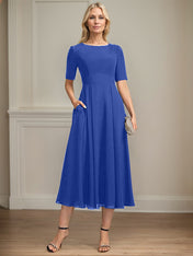 A-line Scoop Tea-Length Chiffon Mother of the Bride Dress With Appliques Lace Sequins