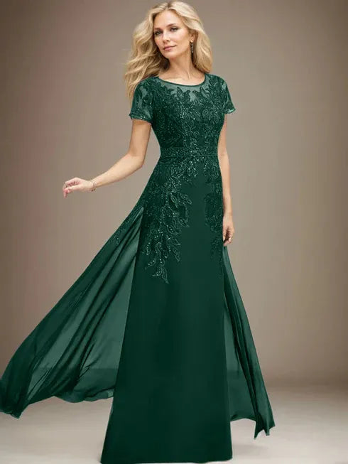 Column Scoop Illusion Floor-Length Lace Chiffon Mother of the Bride Dress With Sequins