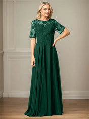 A Line Chiffon Scoop Neck Short Sleeves Floor Length Mother of the Bride Dresses