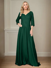A Line Chiffon V Neck 3/4 Sleeves Floor-Length Mother Of The Bride Dress With Appliques