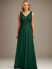 Burgundy A-line V Neck Floor-Length Lace Chiffon Mother of the Bride Dresses