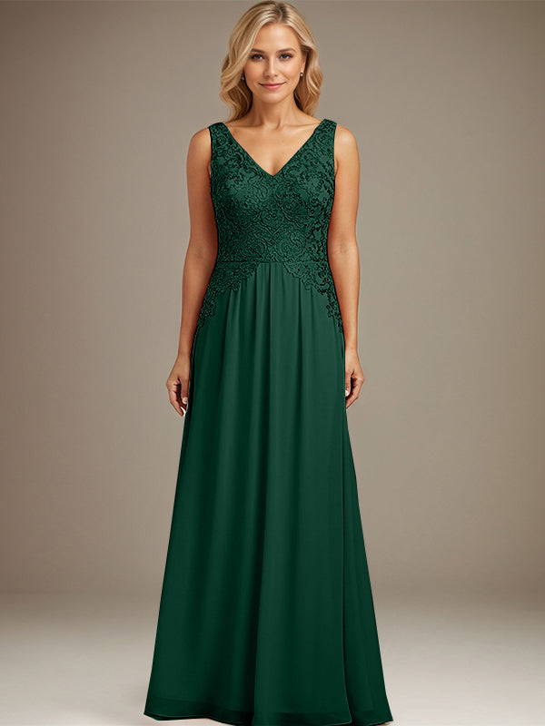 Burgundy A-line V Neck Floor-Length Lace Chiffon Mother of the Bride Dresses