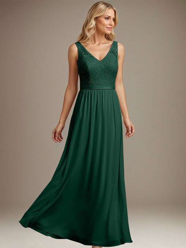 Dusty Blue A-line V Neck Floor-Length Lace Chiffon Mother of the Bride Dress