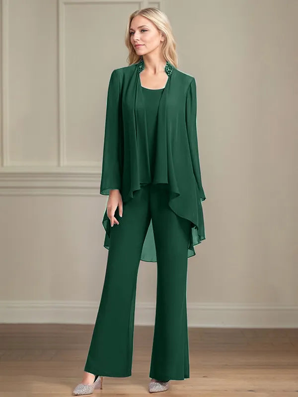 Chiffon Scoop Neck Long Sleeves Floor Length Mother Of The Bride Pantsuits