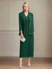 Sheath/Column Chiffon V Neck 3/4 Sleeves Tea Length Mother Of The Bride Dress