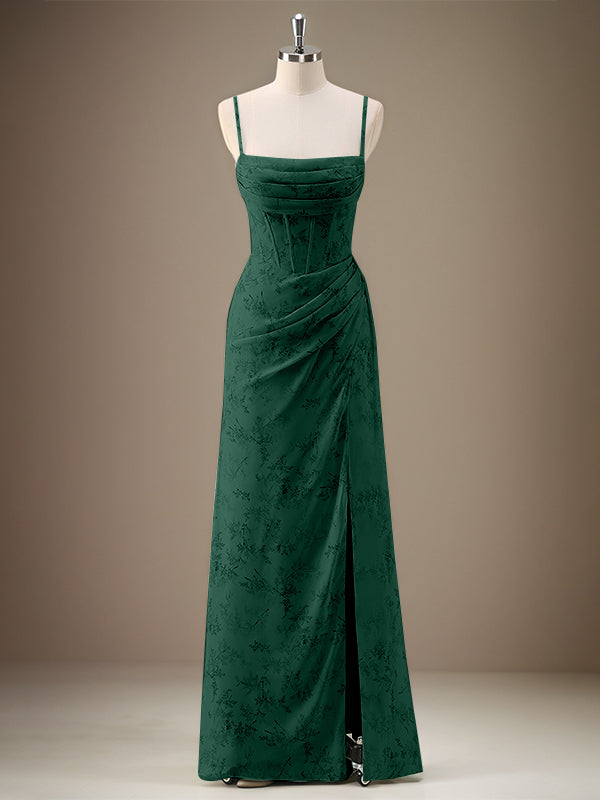 Black Sheath Spaghetti Straps Pleated Long Bridesmaid Dress with Slit