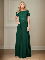 A Line Chiffon Boat Neck Short Sleeves Floor Length Pleated Mother of the Bride Dresses